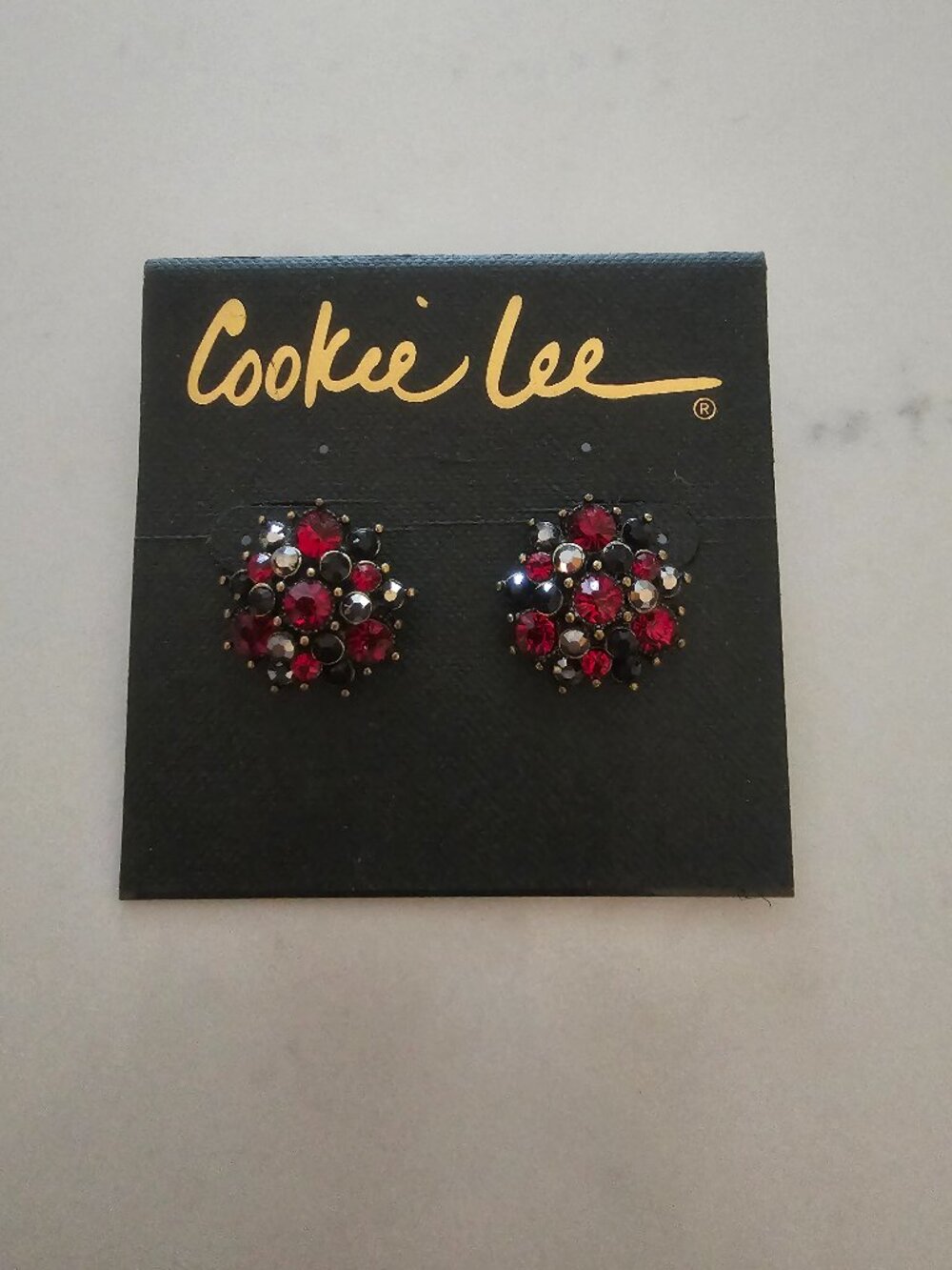Cookie Lee Genuine Crystal Red Black Cluster Stud Earrings